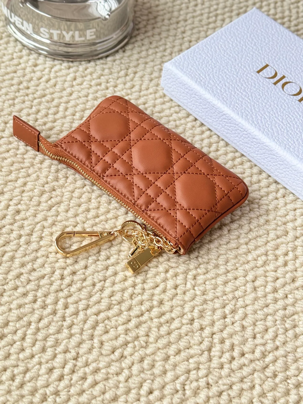 Dior Lambskin Quilted Zip Key Pouch in Brown · view 3
