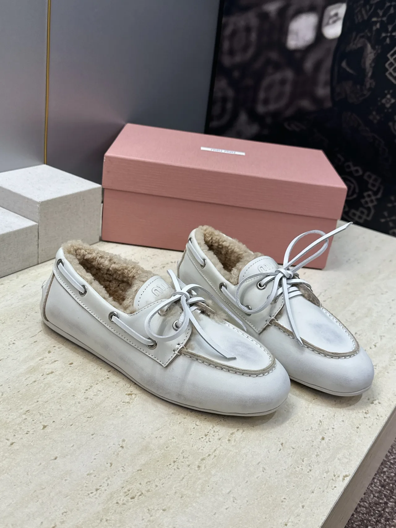 Miu Miu Calfskin Boat Shoes in White · view 1