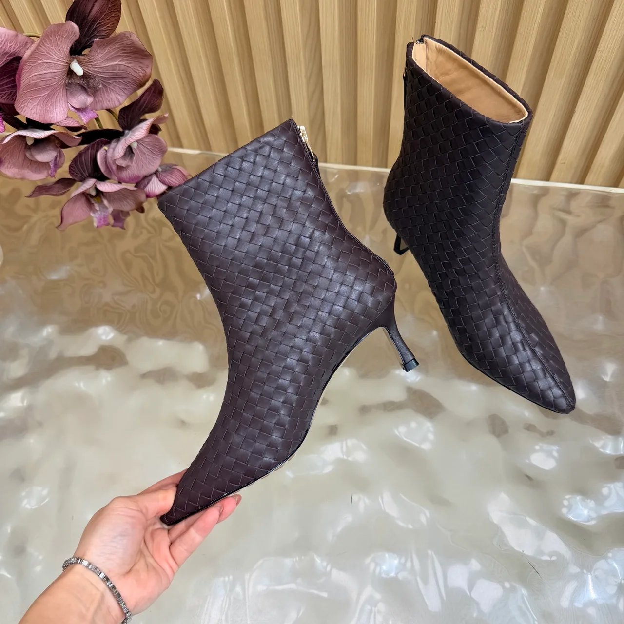 Bottega Veneta Woven Pointed-Toe Ankle Boots in Brown · view 7