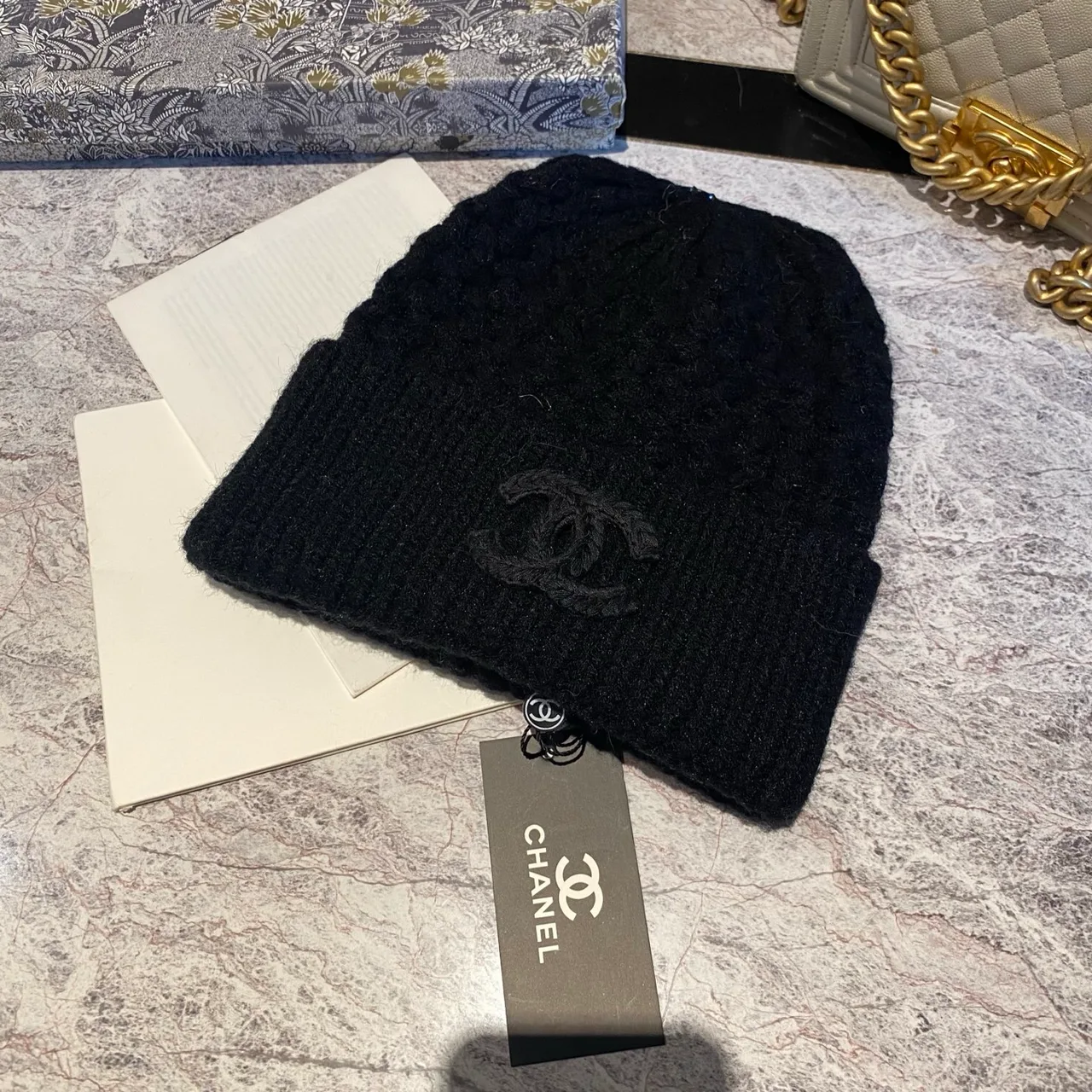 Chanel CC Knit Beanie in Black & White & Beige · view 1