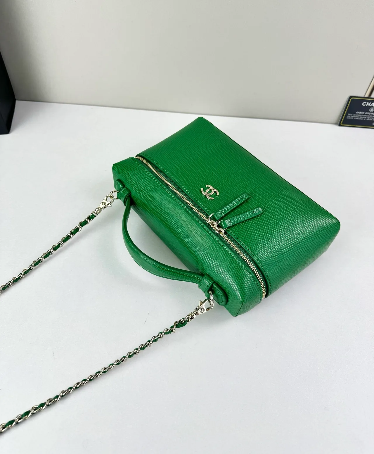 Chanel Cowhide Textured Chain-Strap Vanity Bag in Green · view 5