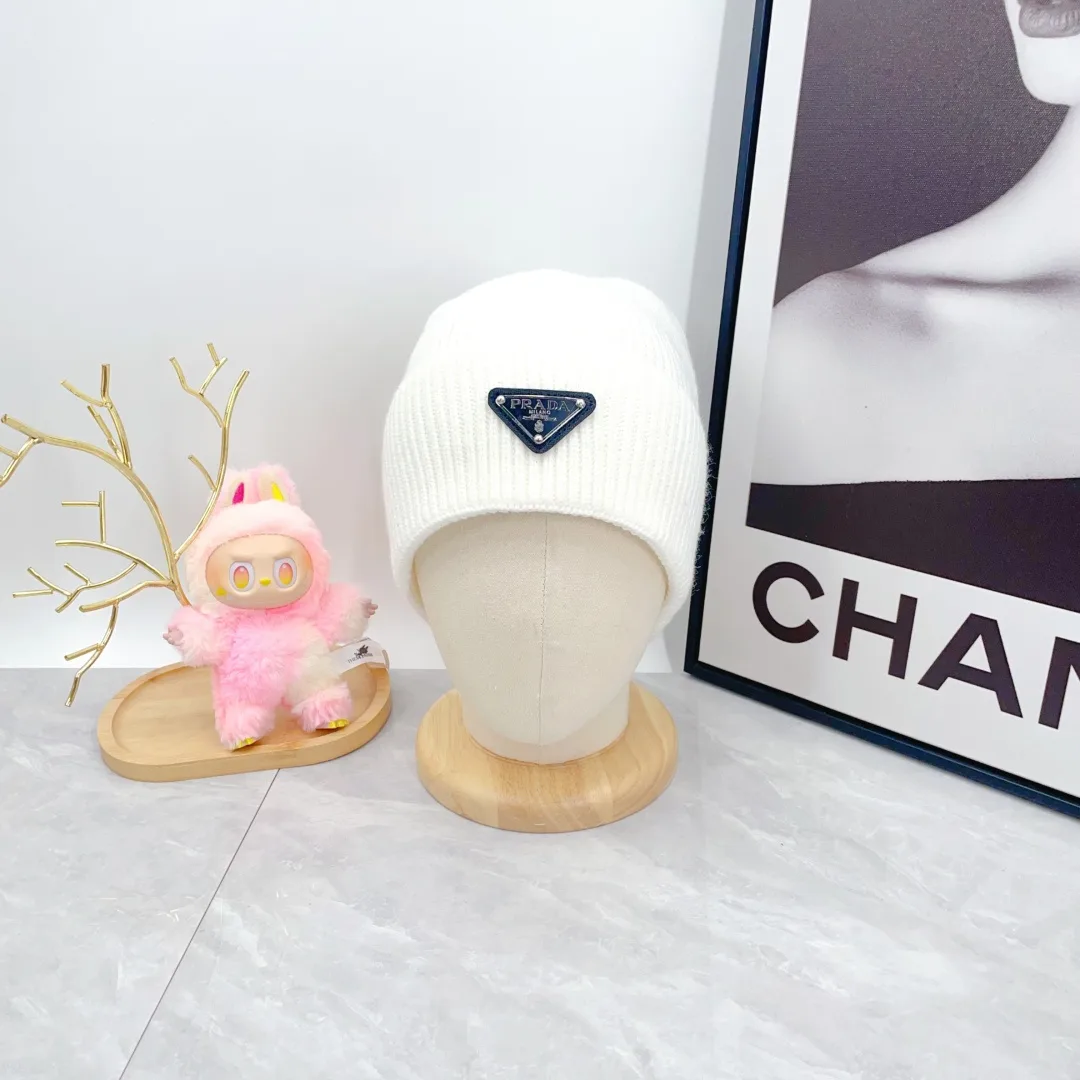 Prada Wool Triangle Logo Knit Beanie in White · view 2