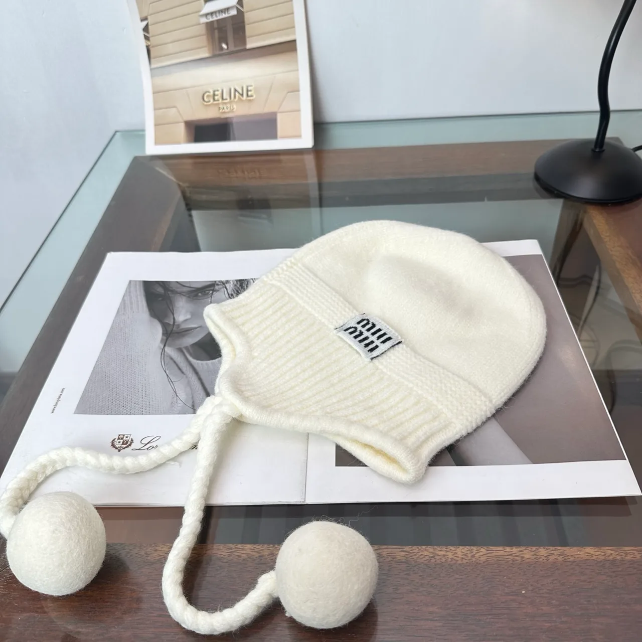 Miu Miu Earflap Beanie in Beige & Grey & Black · view 3