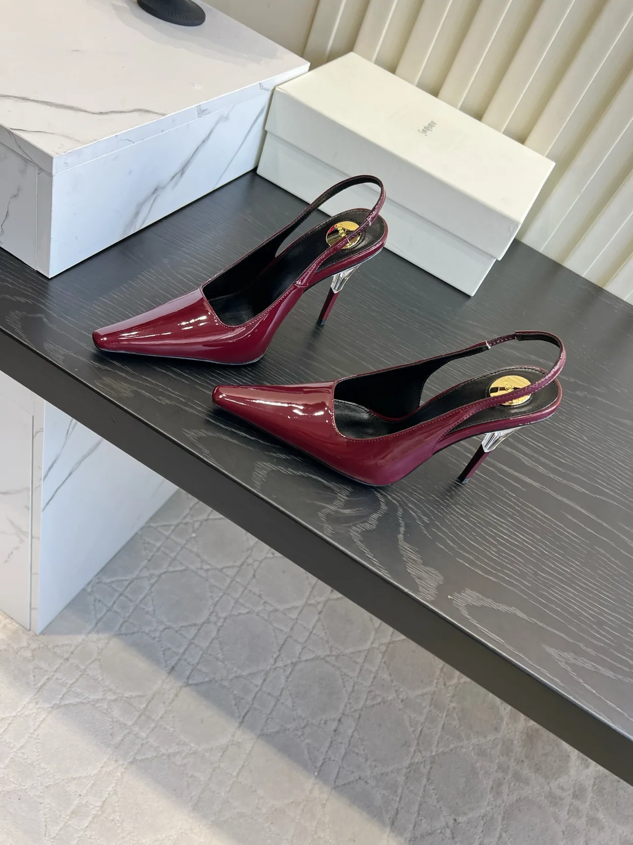 Saint Laurent Cowhide Silk Glossy Pointed-Toe Slingback Shoes in Burgundy · view 2