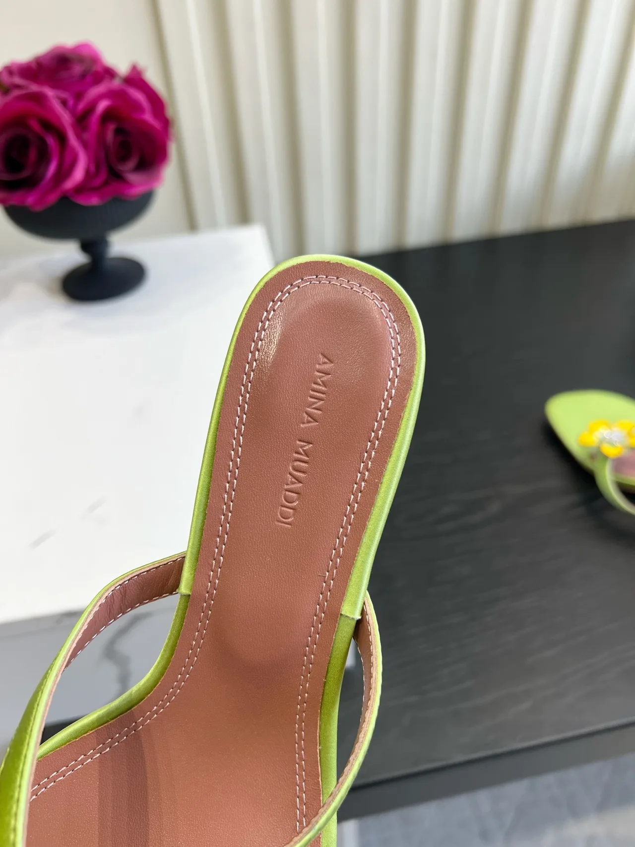 Amina Muaddi Silk Sandals in Green · view 8