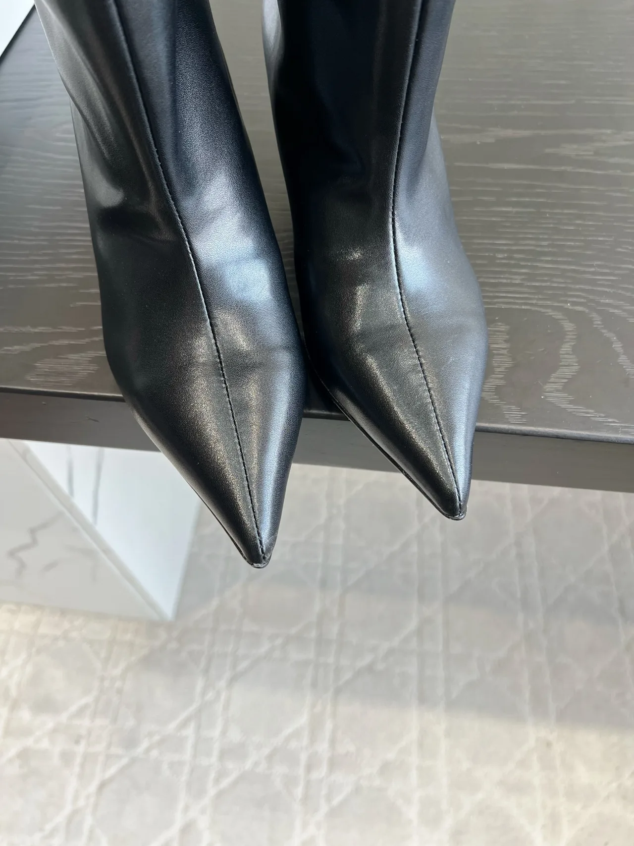 Amina Muaddi Cowhide Glossy Pointed-Toe Knee-High Boots in Black · view 6