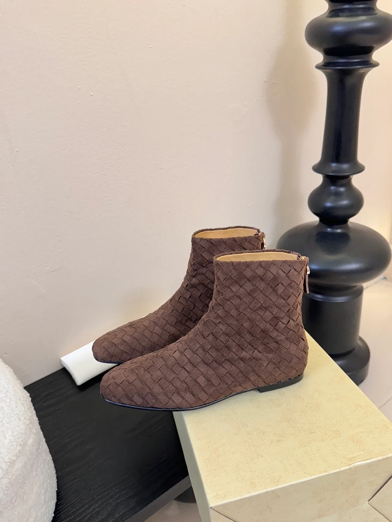 Quilted Lace-Up Woven Ankle Boots in Brown · view 5