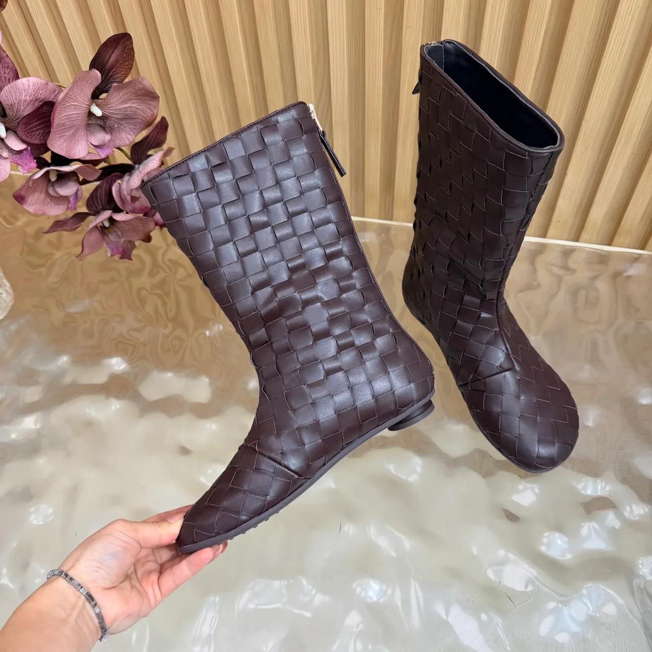 Bottega Veneta Smooth Woven Mid-Calf Boots in Brown · view 7