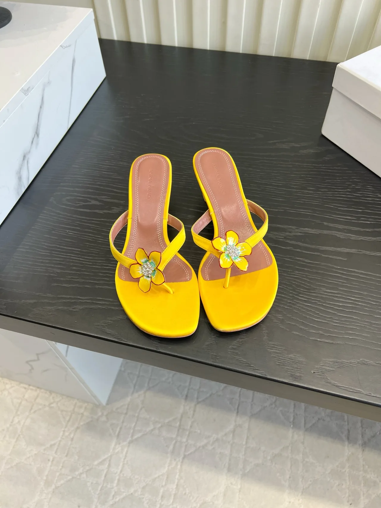 Amina Muaddi Silk Sandals in Yellow · view 1
