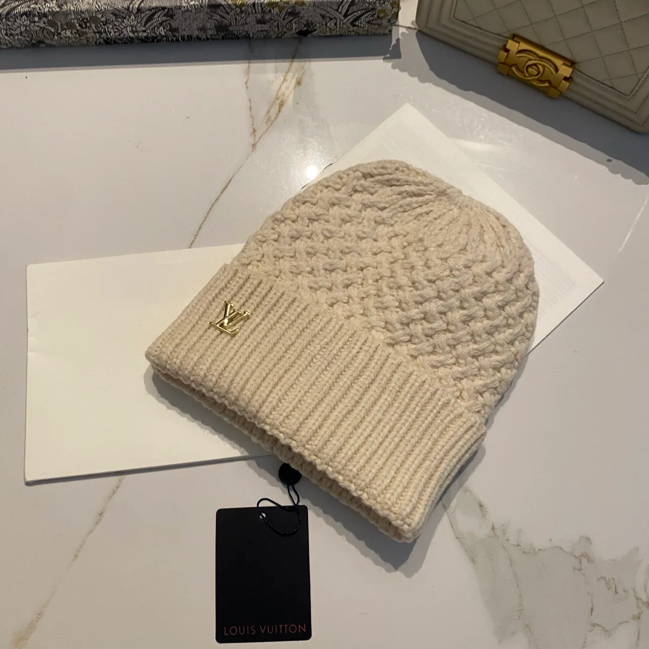 Louis Vuitton Beanie in Black & White & Beige & Grey · view 3