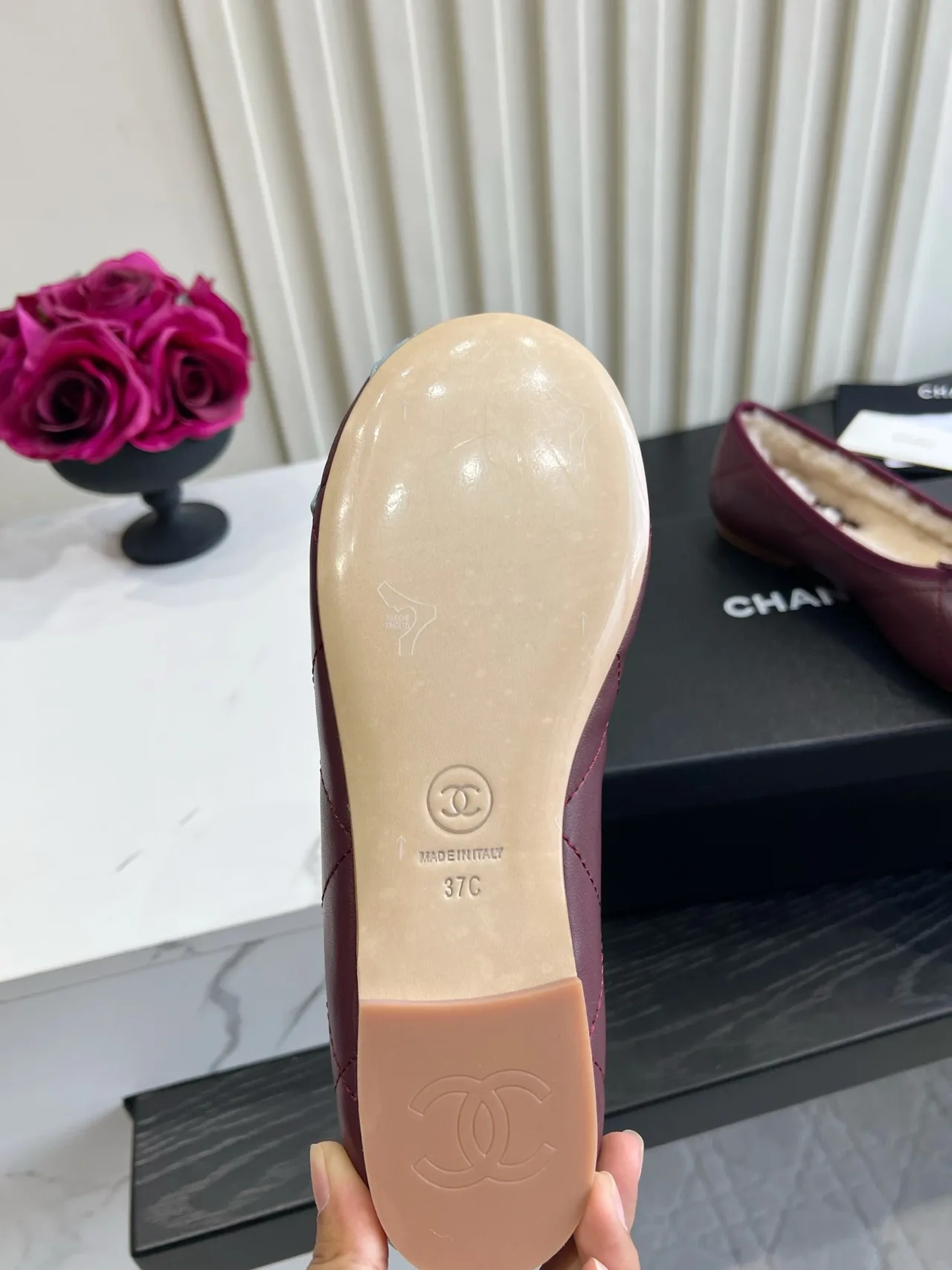 Chanel Sheepskin Quilted Bow Fur-Lined Ballet Flats in Burgundy · view 6