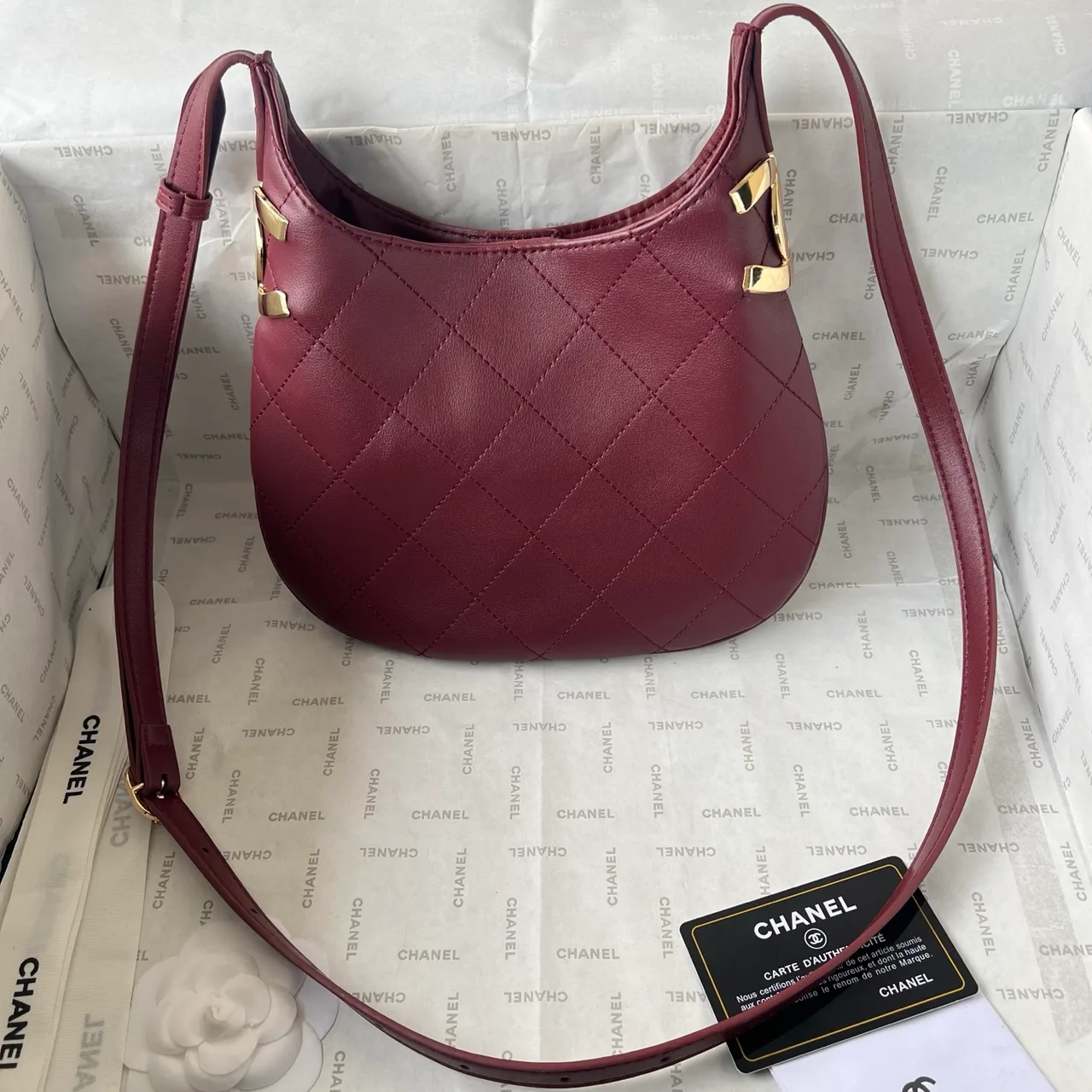 Chanel Quilted Hobo Bag in Burgundy · view 1