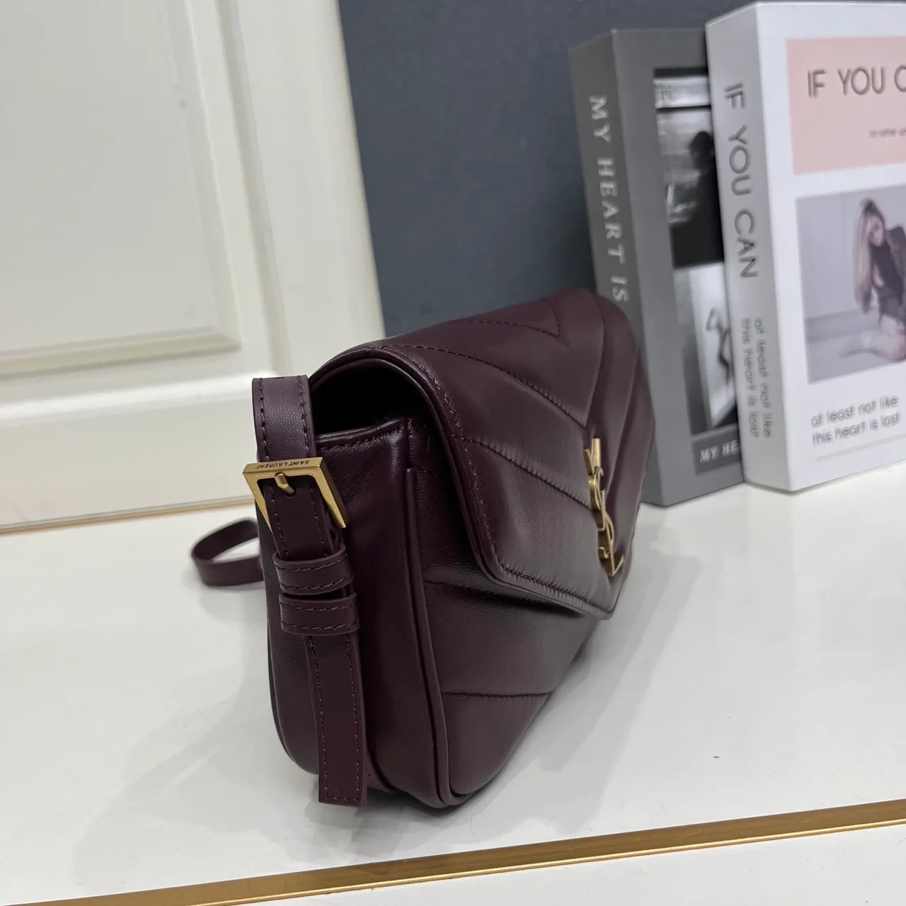 Saint Laurent Sheepskin Quilted Glossy Crossbody Bag in Burgundy · view 4