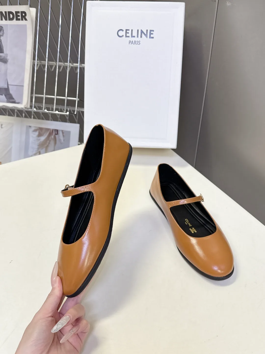 Celine Calfskin Mary Jane Flats in Tan · view 5