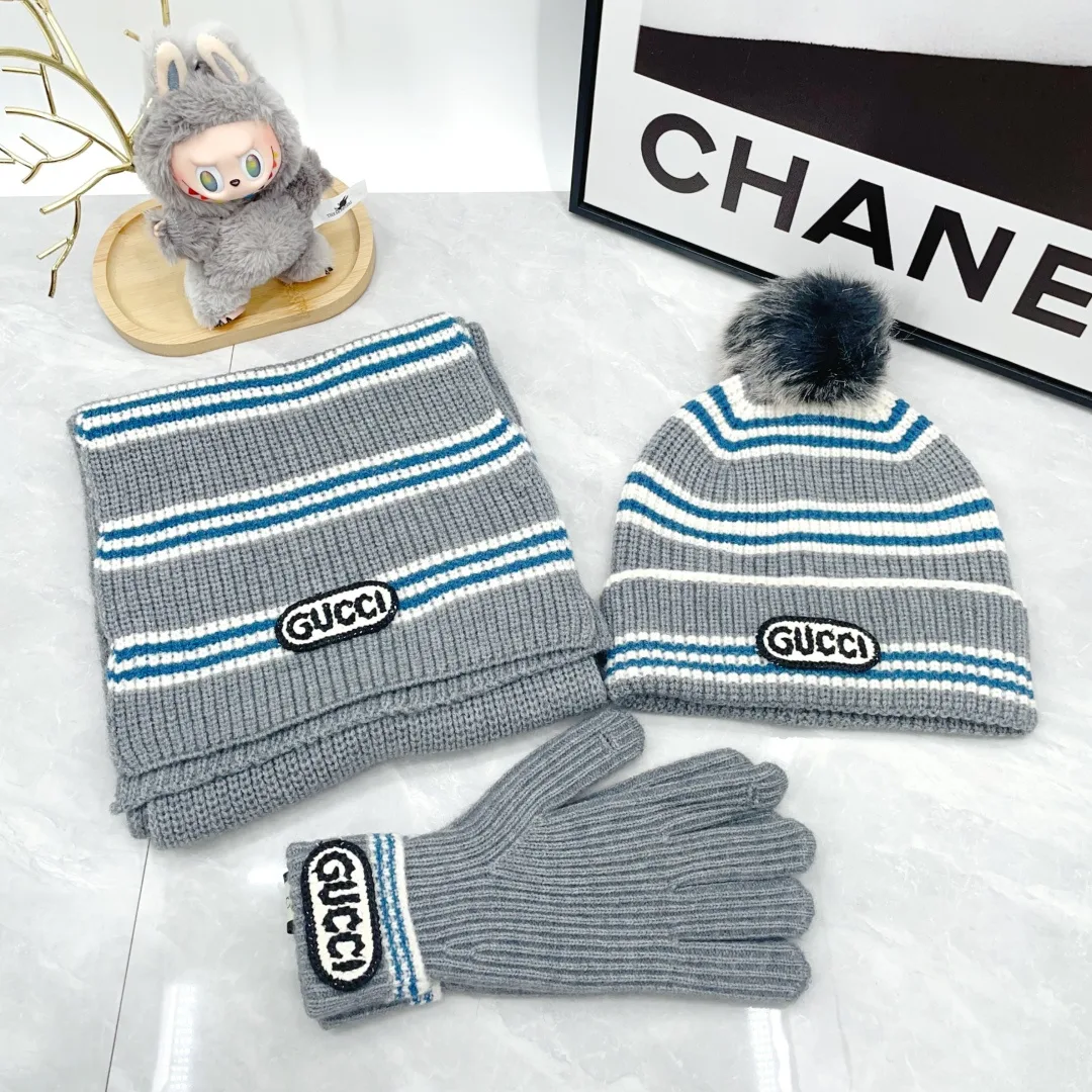 Gucci Wool Striped Embroidered Hat Scarf and Gloves Set in Grey · view 1