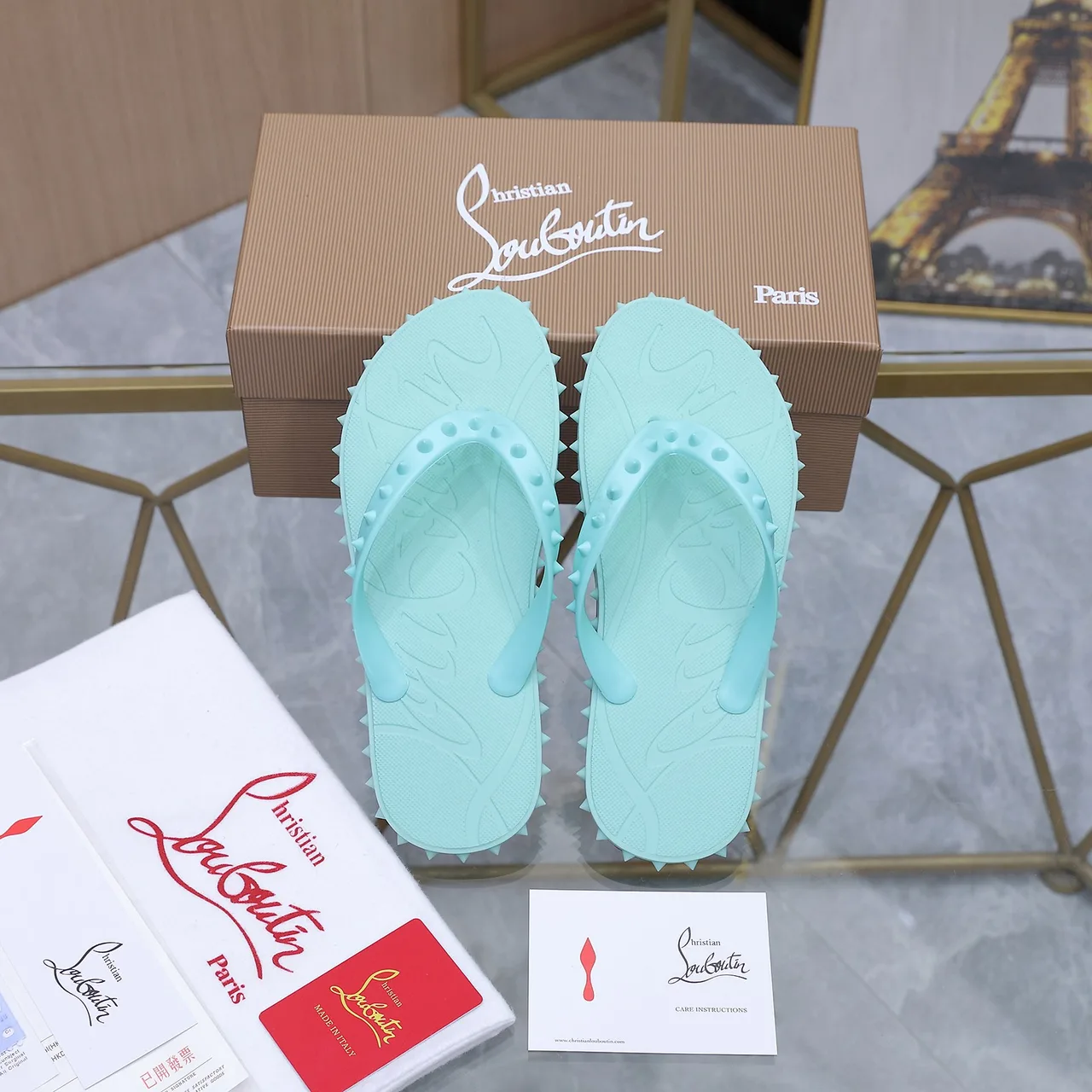 Christian Louboutin Studded Flip-Flops in Green · view 1