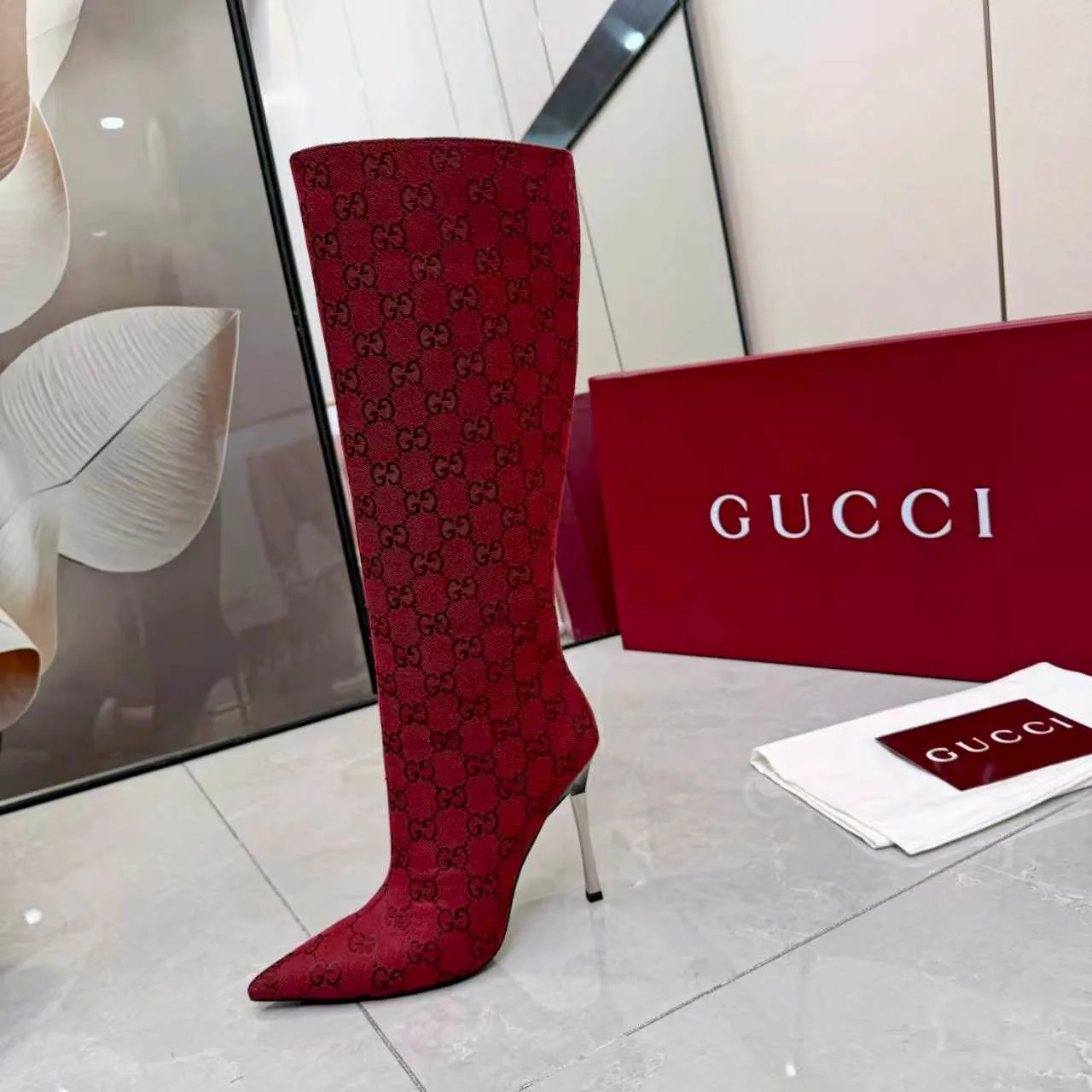 Gucci Cowhide Pointed-Toe Knee-High Boots in Red · view 7