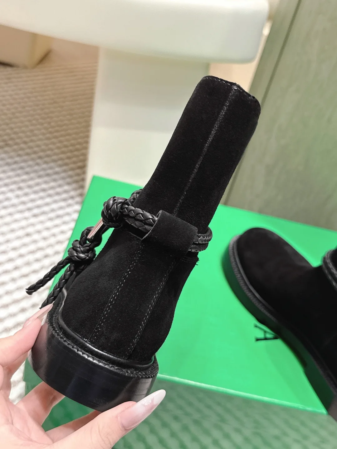 Bottega Veneta Calfskin Woven Glossy Ankle Boots in Black · view 7