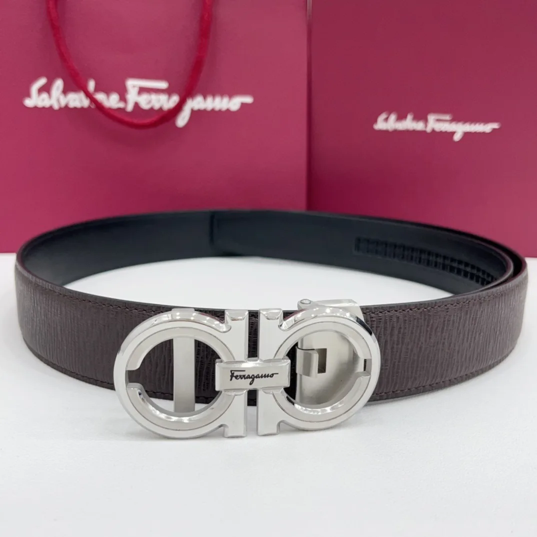 Ferragamo Calfskin Woven Ribbed Reversible Automatic Belt in Brown · view 3