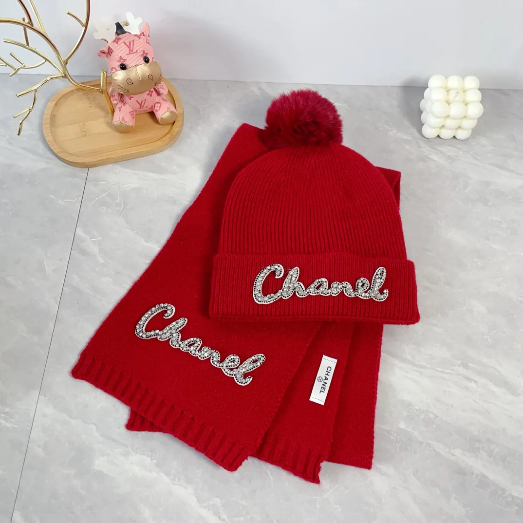 Chanel Wool Ribbed Embroidered Pom-Pom Hat and Scarf Set in Red · view 3