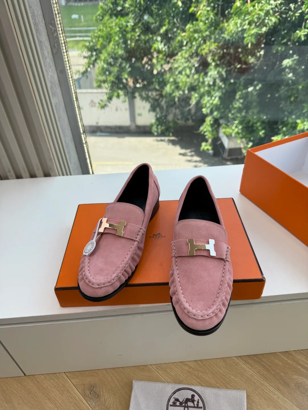 Hermes Calfskin Glossy Suede-Look Loafers in Pink · view 1
