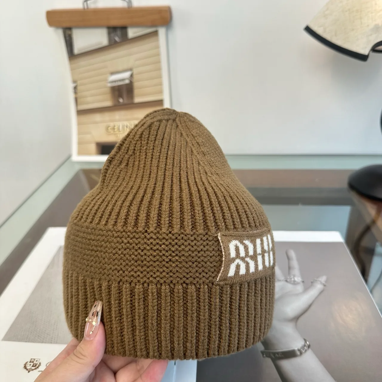 Miu Miu Ribbed Embroidered Knit Beanie in Brown · view 7