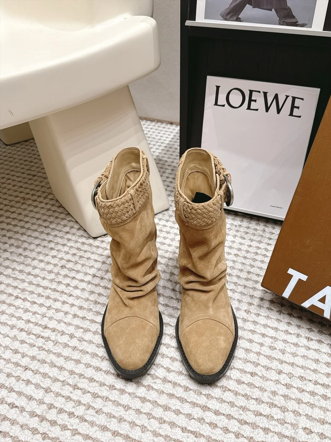 Loewe Woven Suede-Look Round-Toe Boots in Tan · view 1