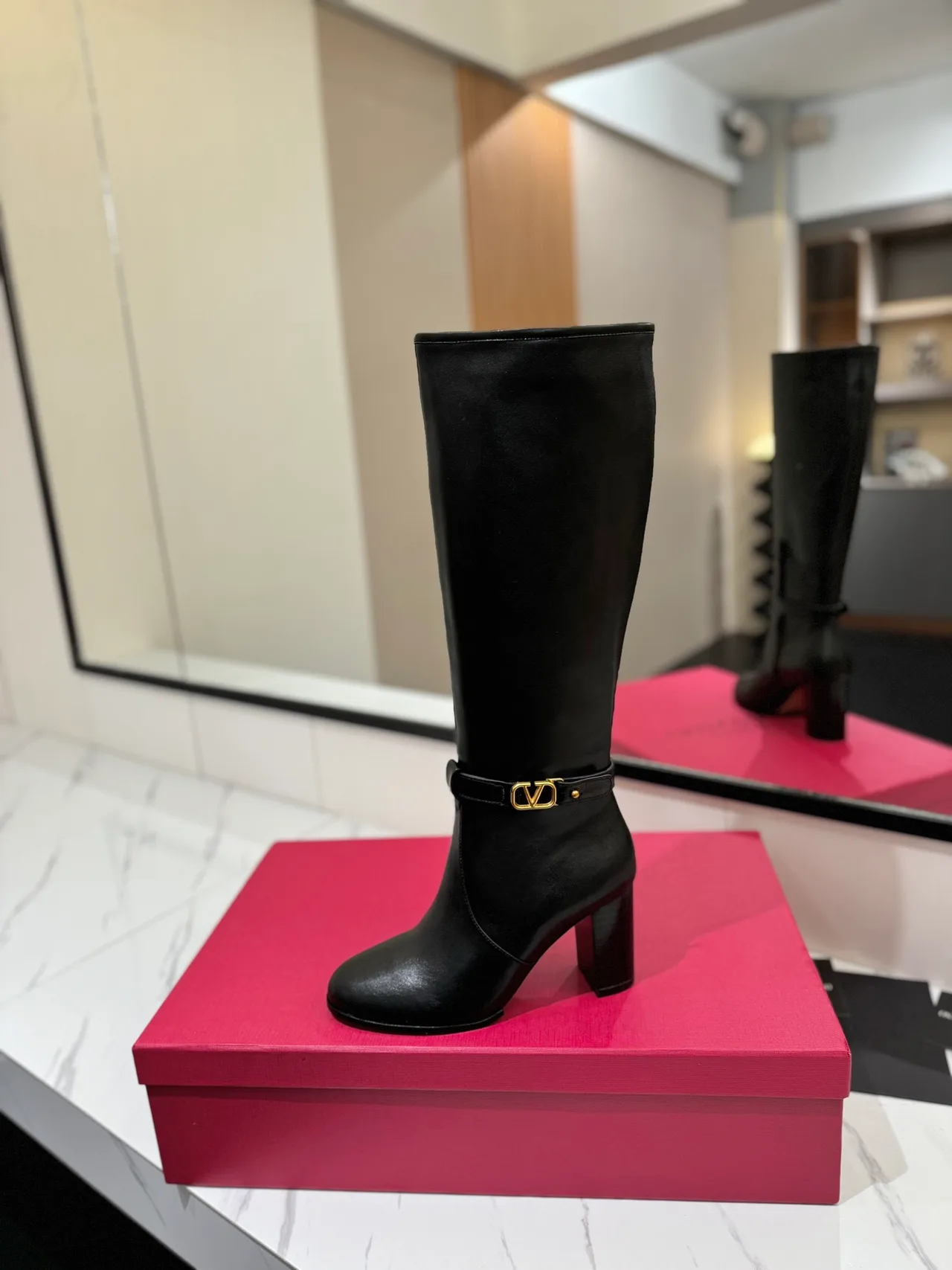 Valentino Calfskin Glossy Buckle Knee-High Boots in Black · view 4