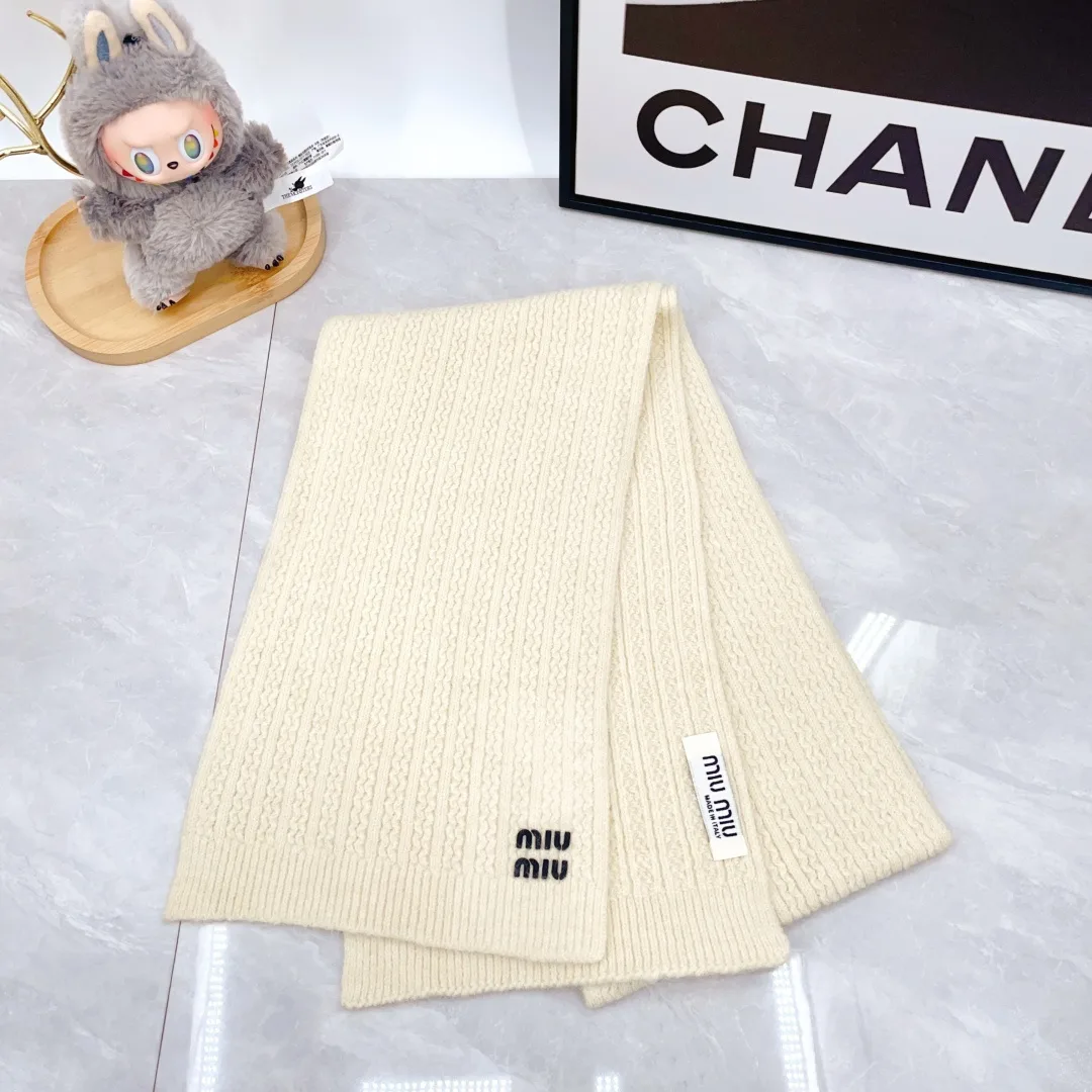 Miu Miu Wool Ribbed Embroidered Hat Scarf and Gloves Set in White · view 3