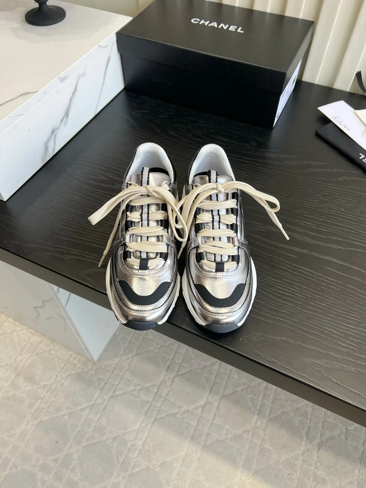 Chanel Striped Sneakers in Silver · view 1