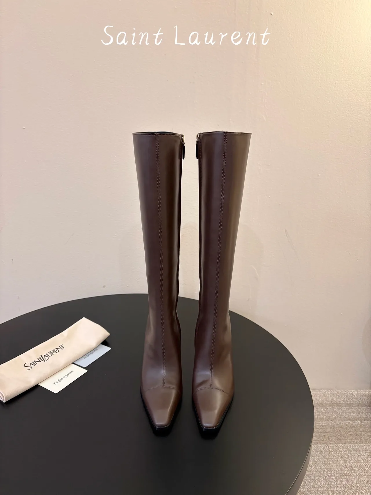 Saint Laurent Cowhide Sheepskin Glossy Pointed-Toe Knee-High Boots in Brown · view 1
