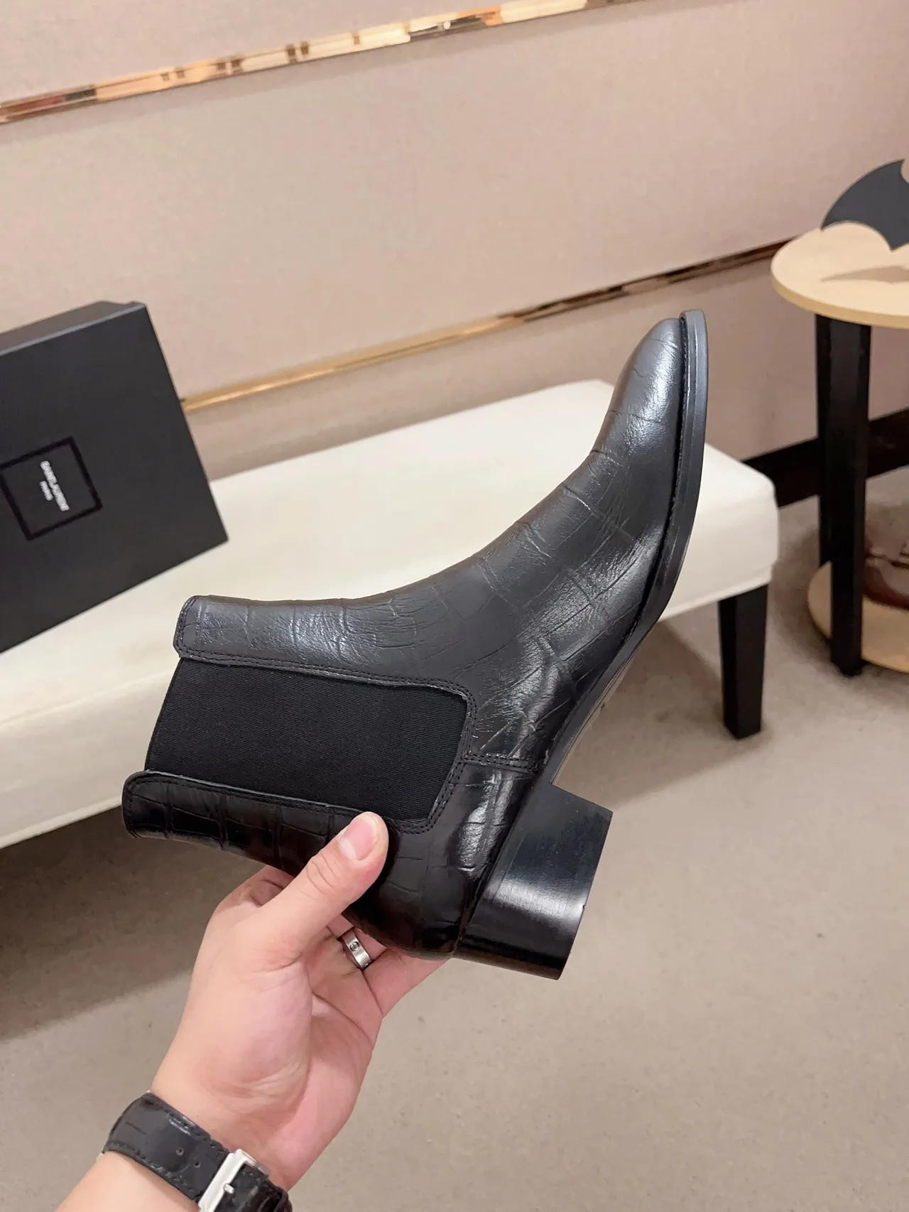 Saint Laurent Cowhide Glossy Pointed-Toe Ankle Boots in Black · view 6