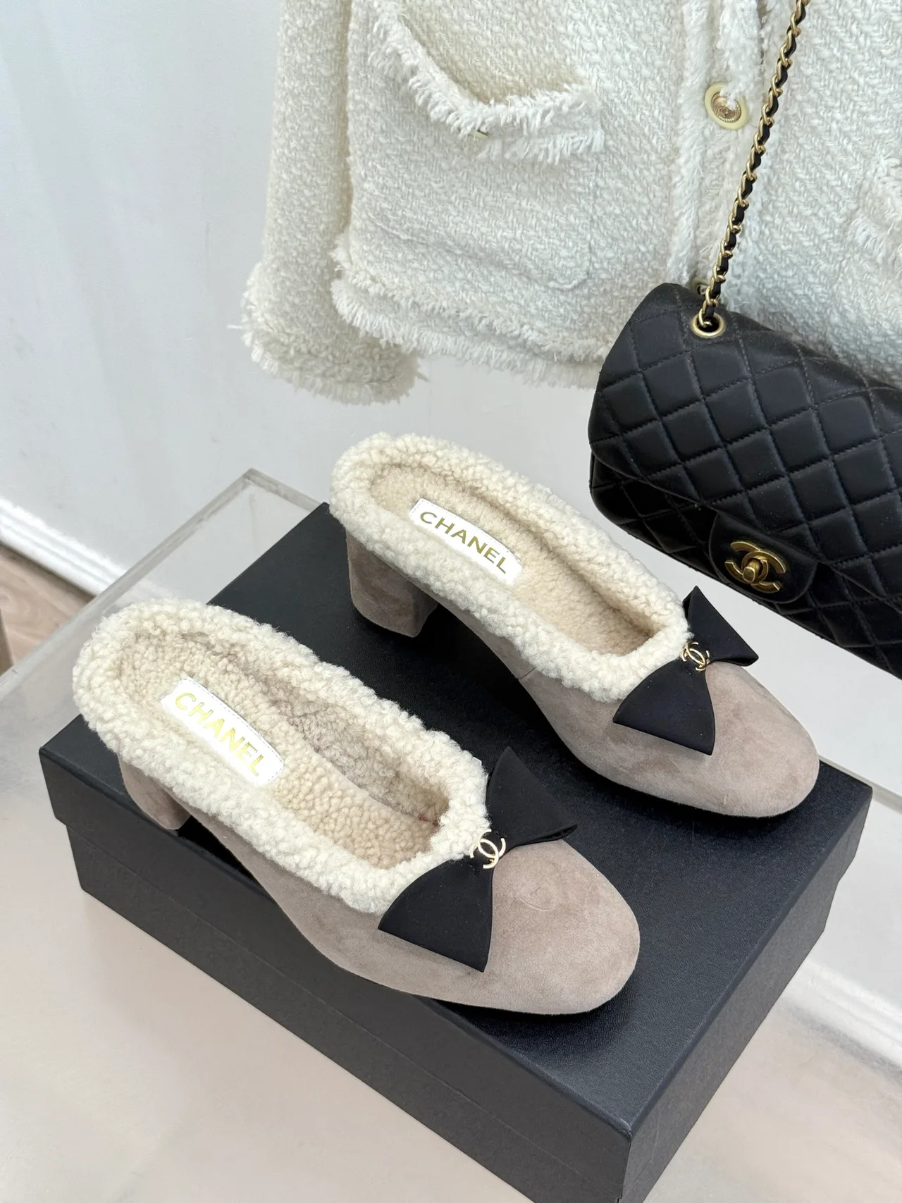Chanel Bow Mules in Grey · view 3