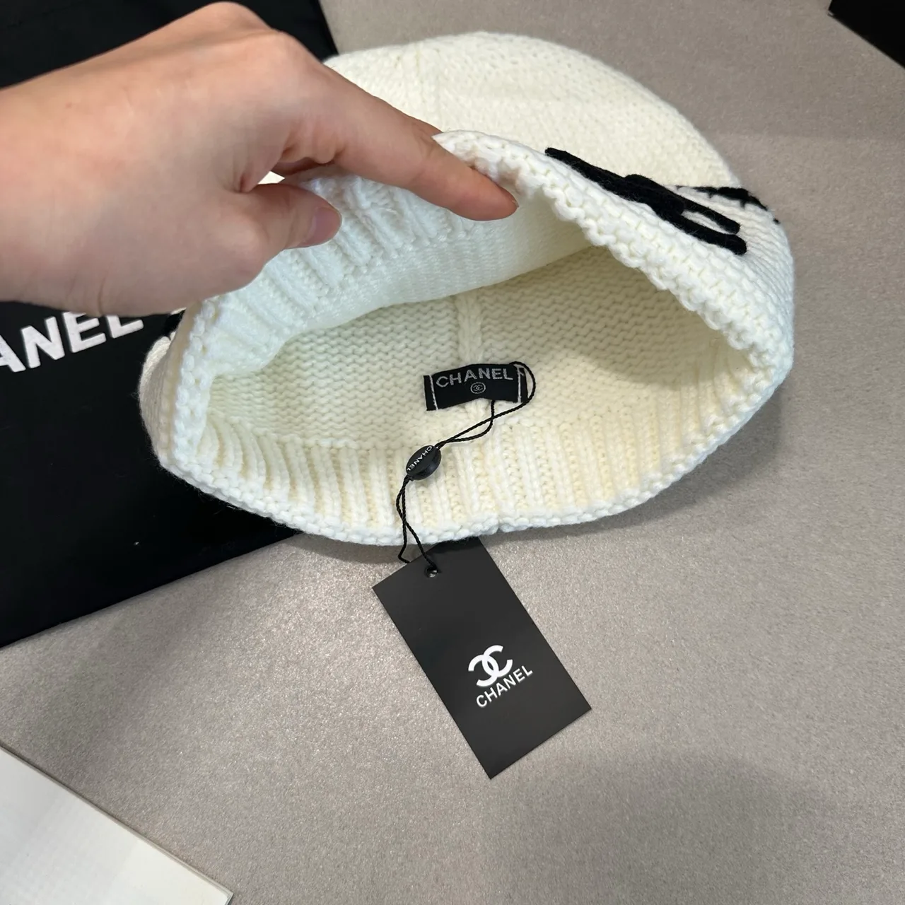 Chanel Contrast-Stripe CC Beanie in White / Black · view 5