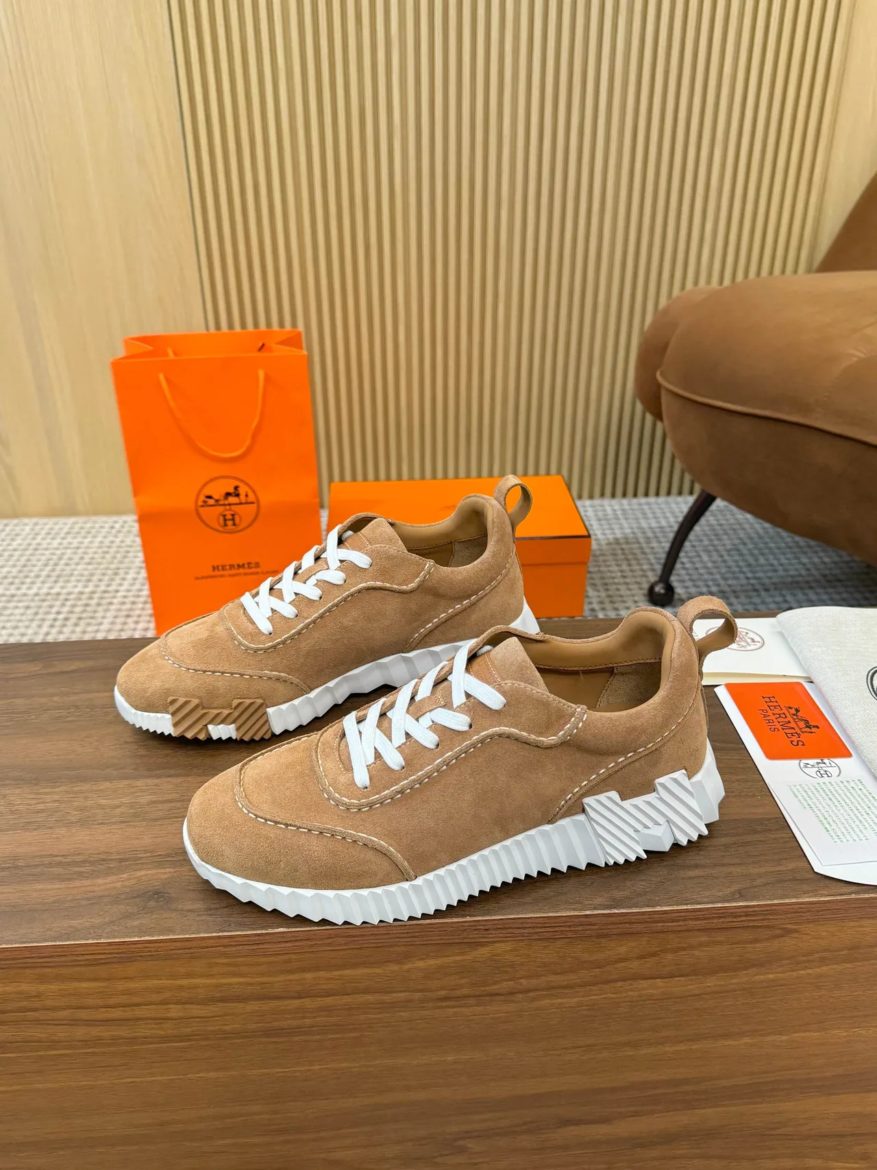 Hermes Panelled Sneakers in Tan · view 3