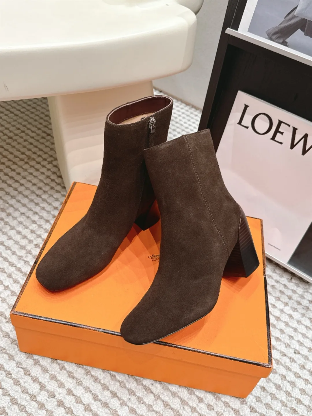 Loewe Glossy Suede-Look Pointed-Toe Ankle Boots in Brown · view 5