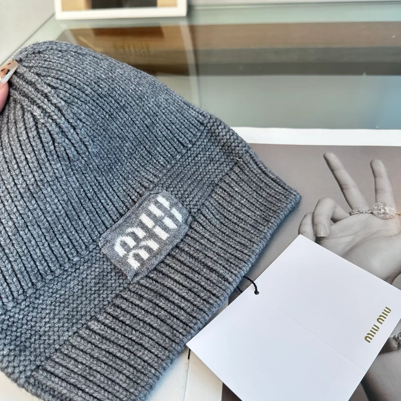Miu Miu Ribbed Beanie in Grey · view 7