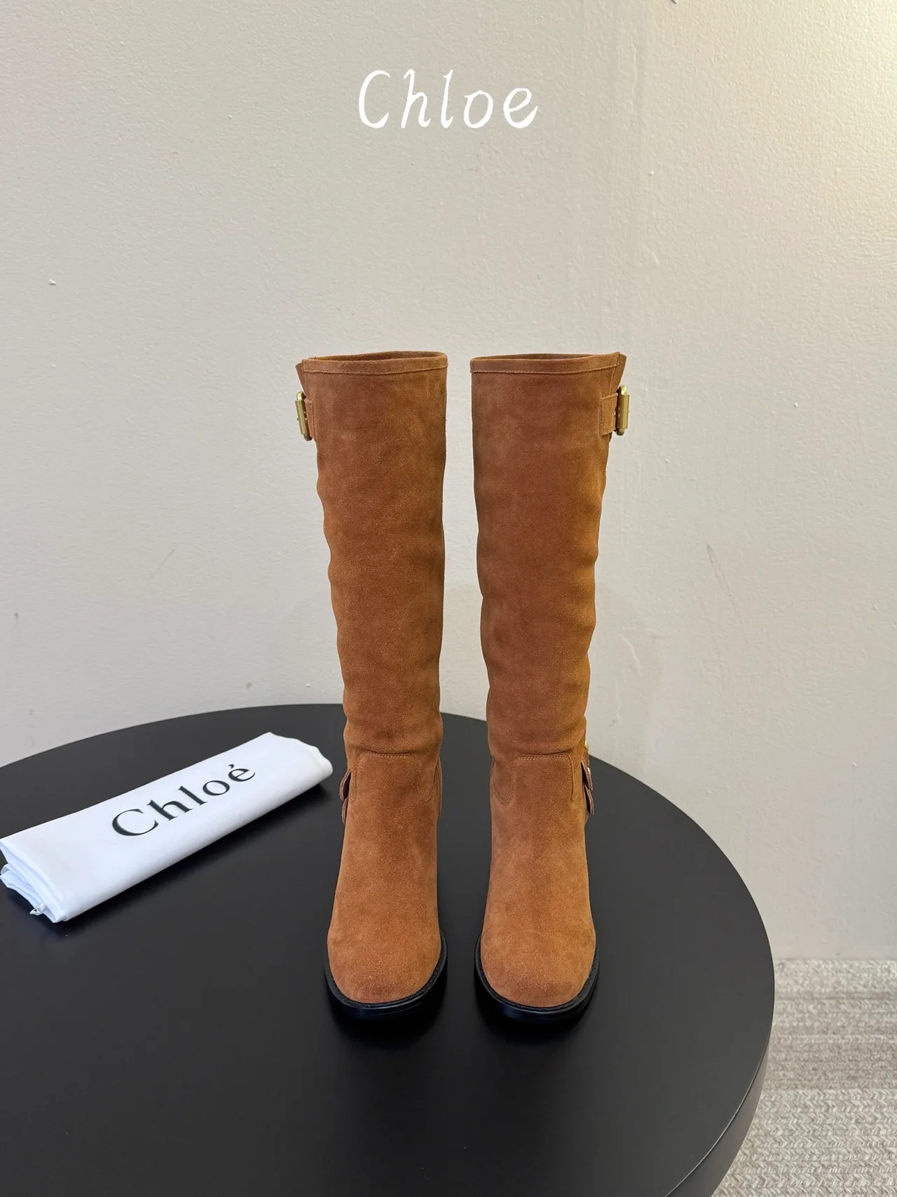 Chloe Cowhide Suede-Look Round-Toe Buckle Knee-High Boots in Brown · view 2