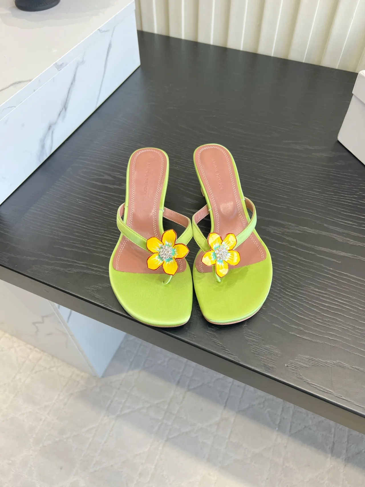 Amina Muaddi Silk Sandals in Green · view 1
