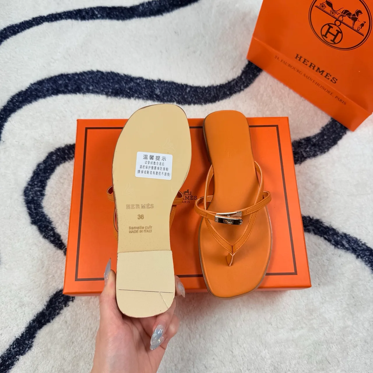Hermes Denim Leather Flip-Flops in Orange · view 8