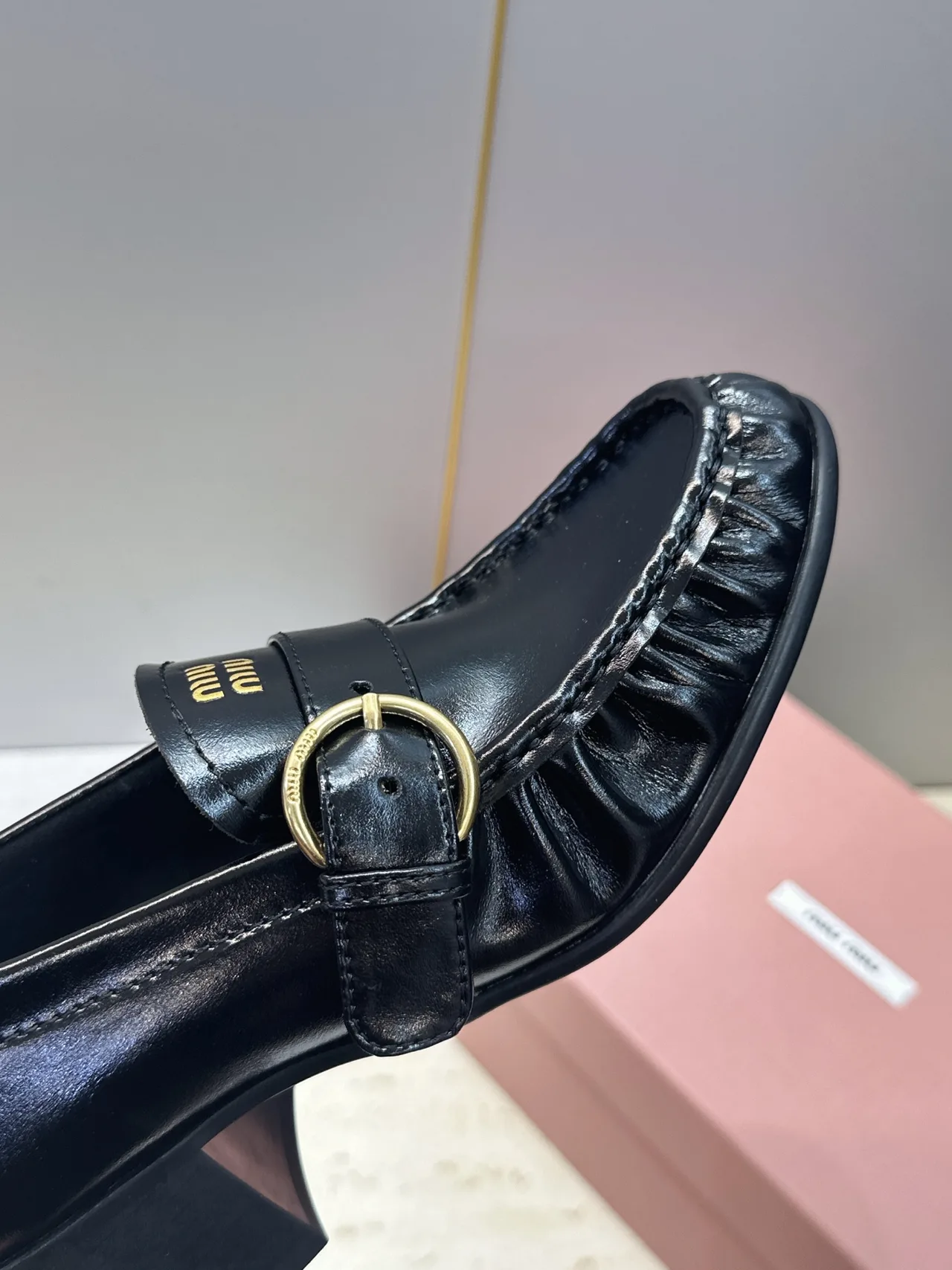 Miu Miu Cowhide Sheepskin Square-Toe Buckle Heeled Loafers in Black · view 8