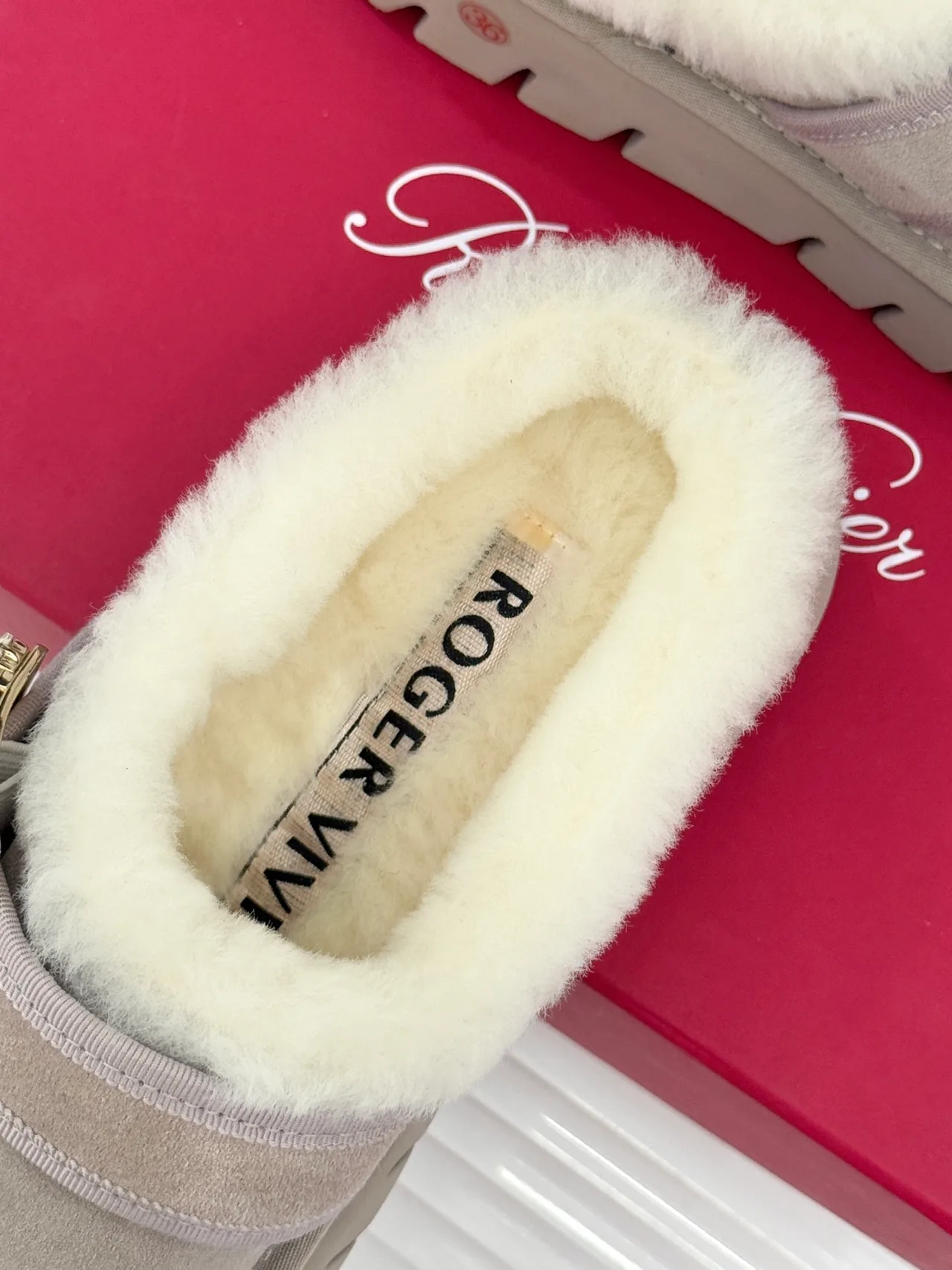 Roger Vivier Wool Buckle Fur-Lined Mules in Grey · view 8