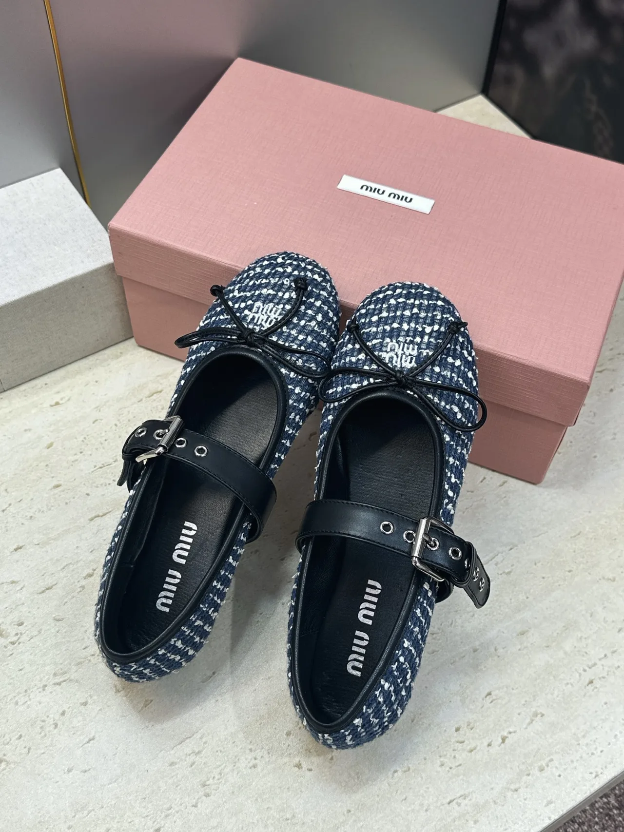 Miu Miu Calfskin Round-Toe Mary Jane Flats in Blue · view 4