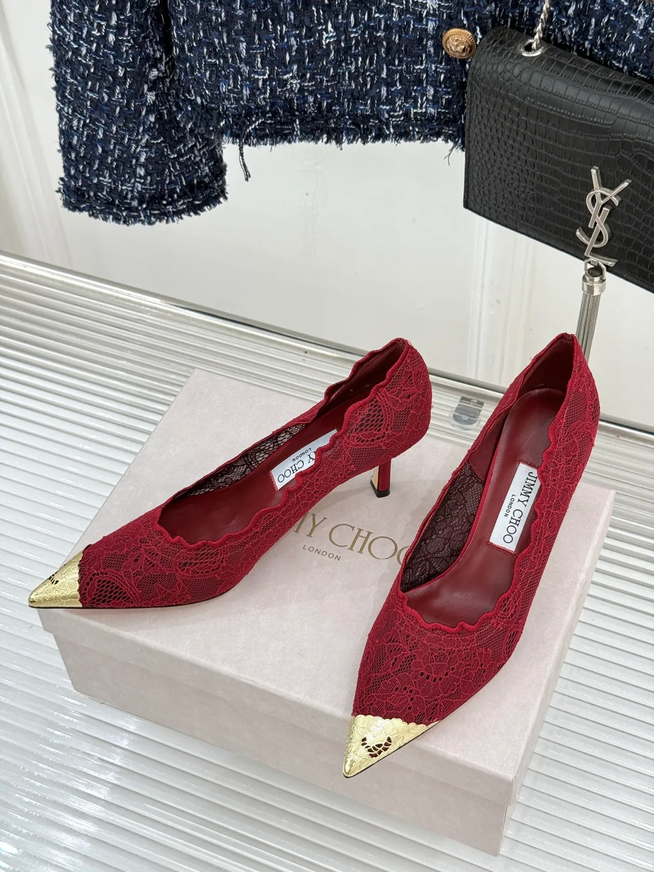Jimmy Choo Pointed-Toe Lace Heel Pumps in Burgundy · view 3