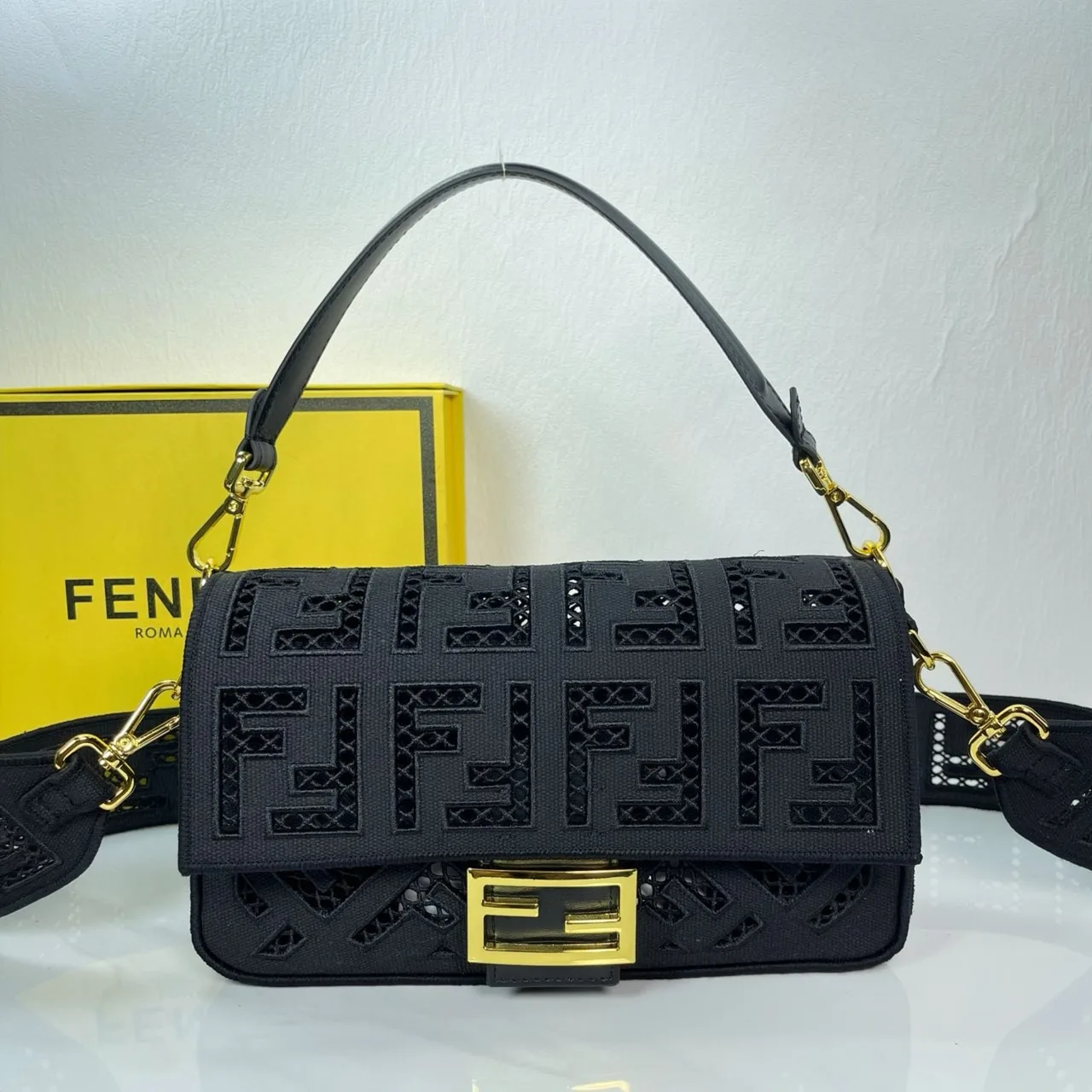 Fendi Canvas Cutout FF-Pattern Flap Shoulder Bag in Black · view 1