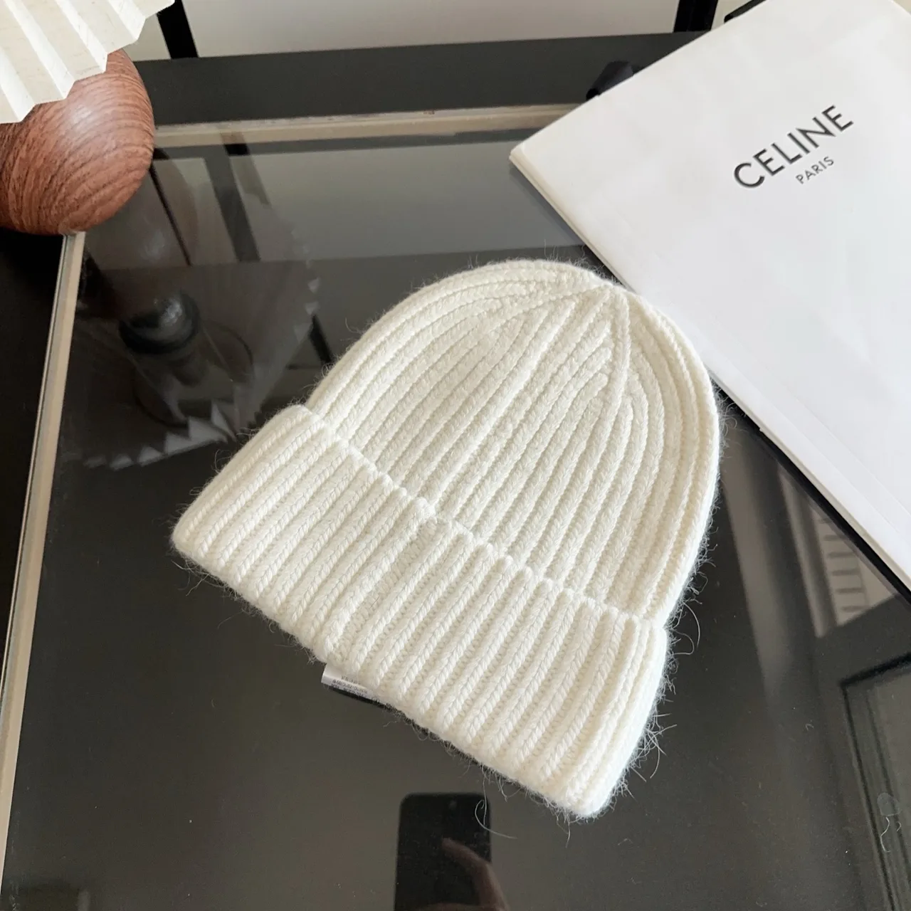 Chanel Patch Ribbed Beanie in White & Black & Blue & Grey · view 7
