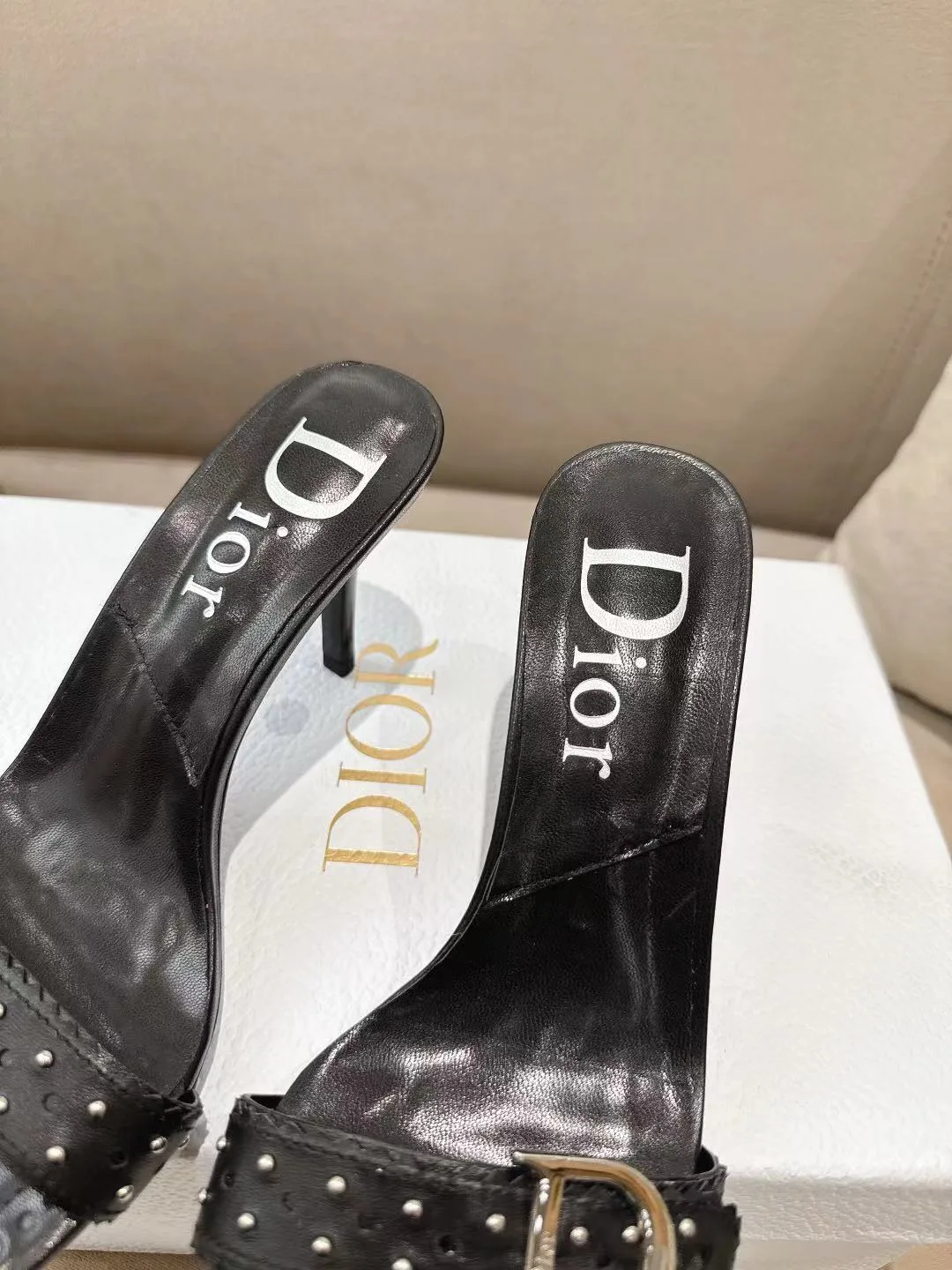 Dior Sheepskin Glossy Pointed-Toe Buckle Mules in Black · view 6