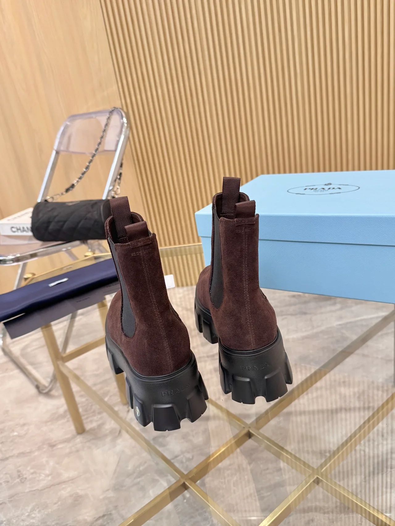 Prada Suede-Look Chelsea Boots in Brown · view 5