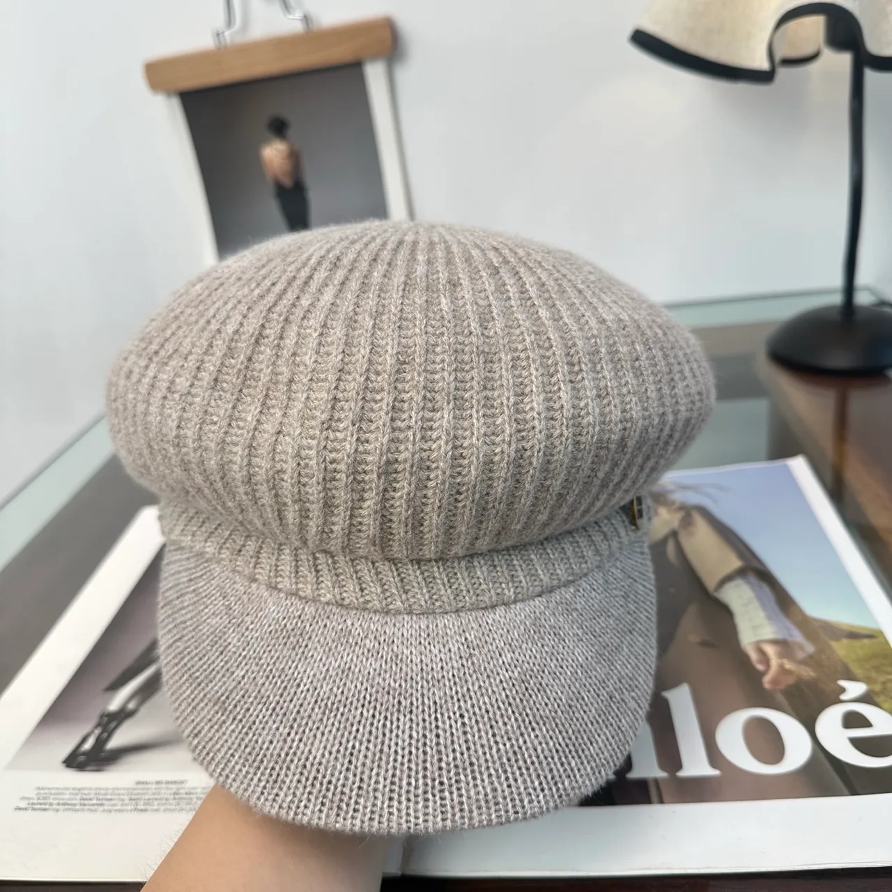 Miu Miu Knit Brimmed Cap in Grey & Black & White & Brown & Beige · view 6