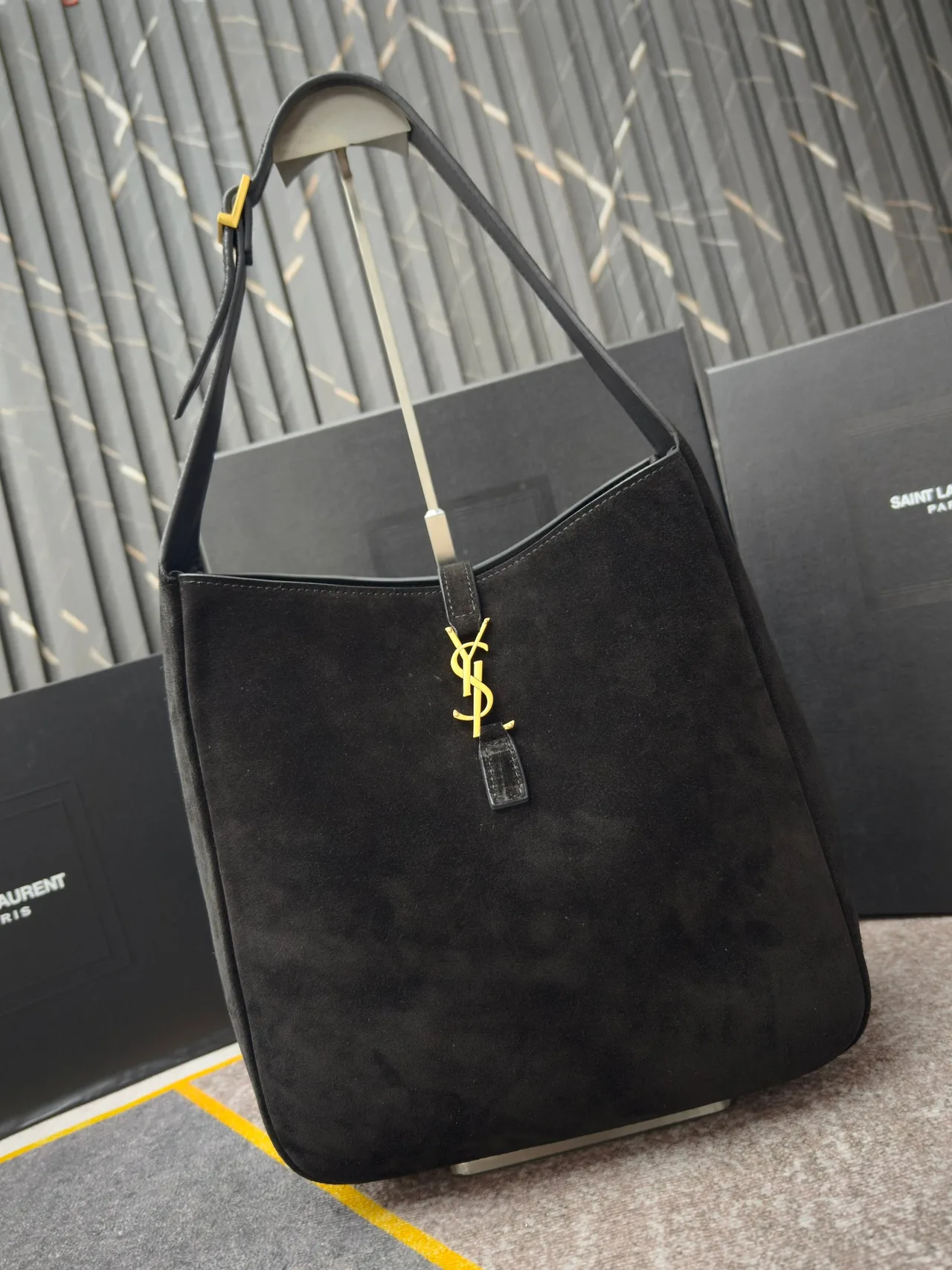 Saint Laurent Glossy Suede-Look Hobo Bag in Black · view 2